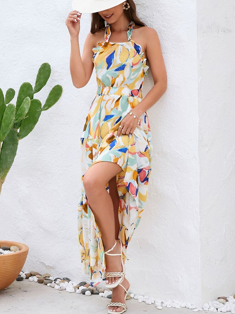 Sexy Chiffon Long Dresses For Women Summer Casual Backless Ruffle Big Hem Beach Dress Fashion Print Halter New In Dresses 2023