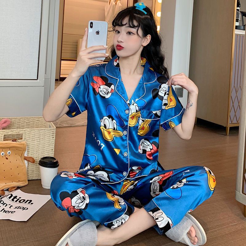 Pajamas Women Summer Thin Section V-neck Imitation Silk Ice Silk Short-sleeved Sleepwear Ladies Home Service 2-piece Pajamas