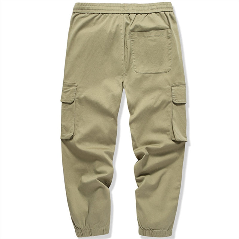 Cotton Cargo Pants Men Fashion Big Pocket Solid Color Trousers Streetwear Mens Casual Harem Joggers Pants Elastic Waist Trousers