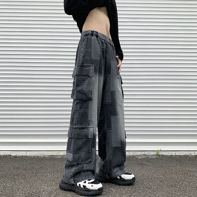 Vintage Patchwork Plaid Cargo Jeans Men Women Baggy Denim Trousers Streetwear Hip Hop Multi-Pockets Safari Style Casual