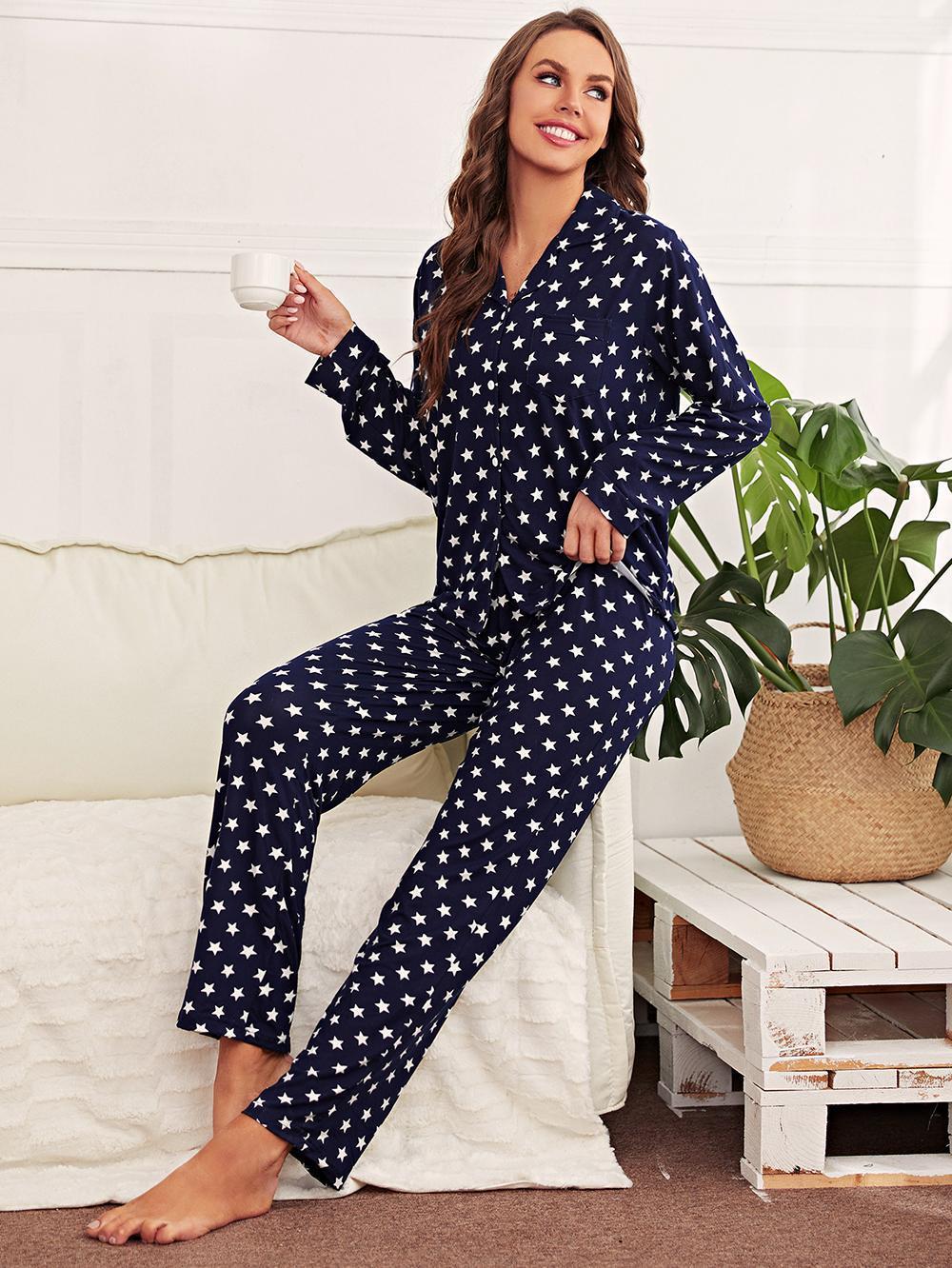 European and American pajamas female autumn and winter star NNS81-Navy print cardigan long-sleeved home clothes suit
