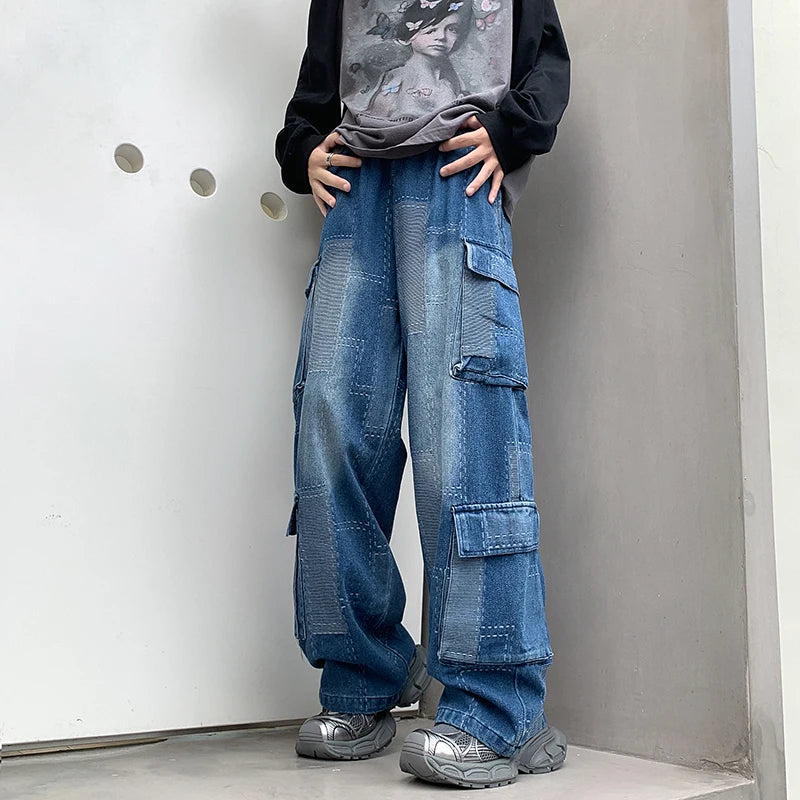 Vintage Patchwork Plaid Cargo Jeans Men Women Baggy Denim Trousers Streetwear Hip Hop Multi-Pockets Safari Style Casual