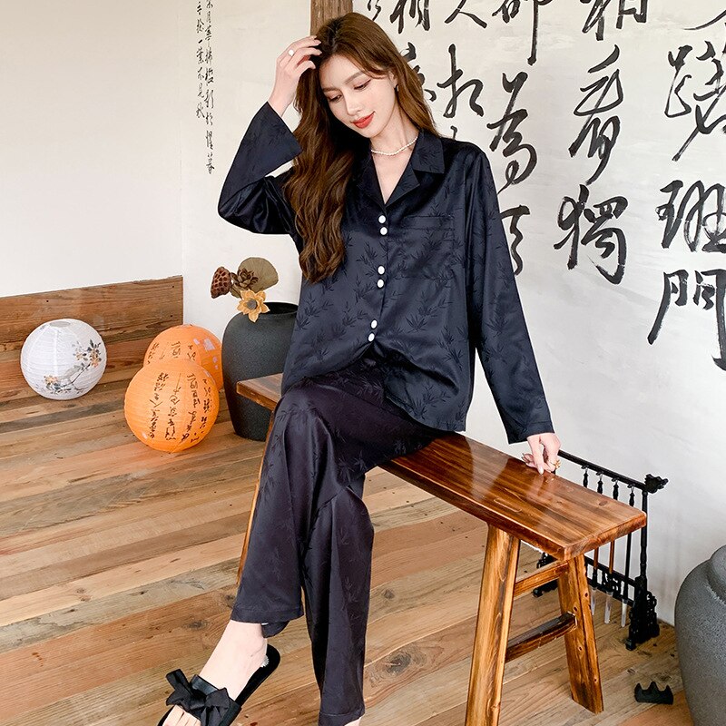 QSROCIO Women's Pajamas Spring Summer Imitation Silk Bamboo Leaf Jacquard Long-sleeved Trousers Cardigan Suit Home Clothes