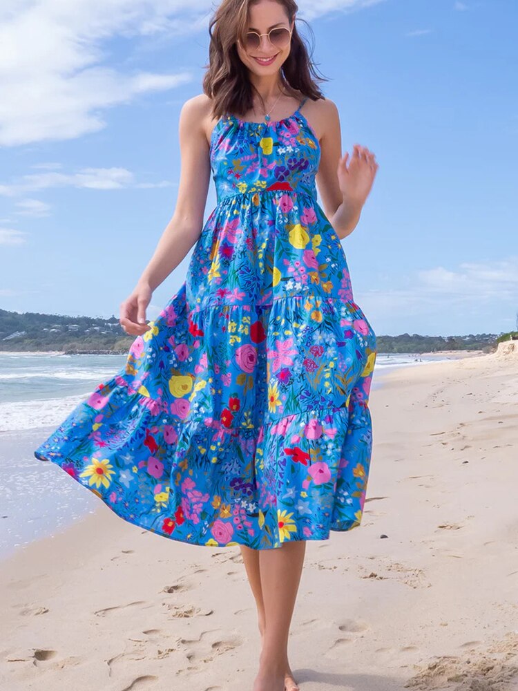 Sexy Floral Midi Dress Women Summer Casual Blue Backless Ruffle Big Hem Beach Dress Fashion A-line Slip New In Dresses 2023