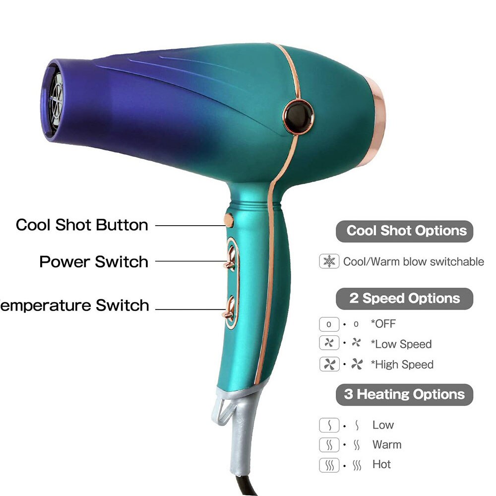 2000W Hair Dryer Professional Salon Negative Ionic Blowdryer with Diffuser Nozzle 2 Speed 3 Heat Settings Low Noise Strong Winds