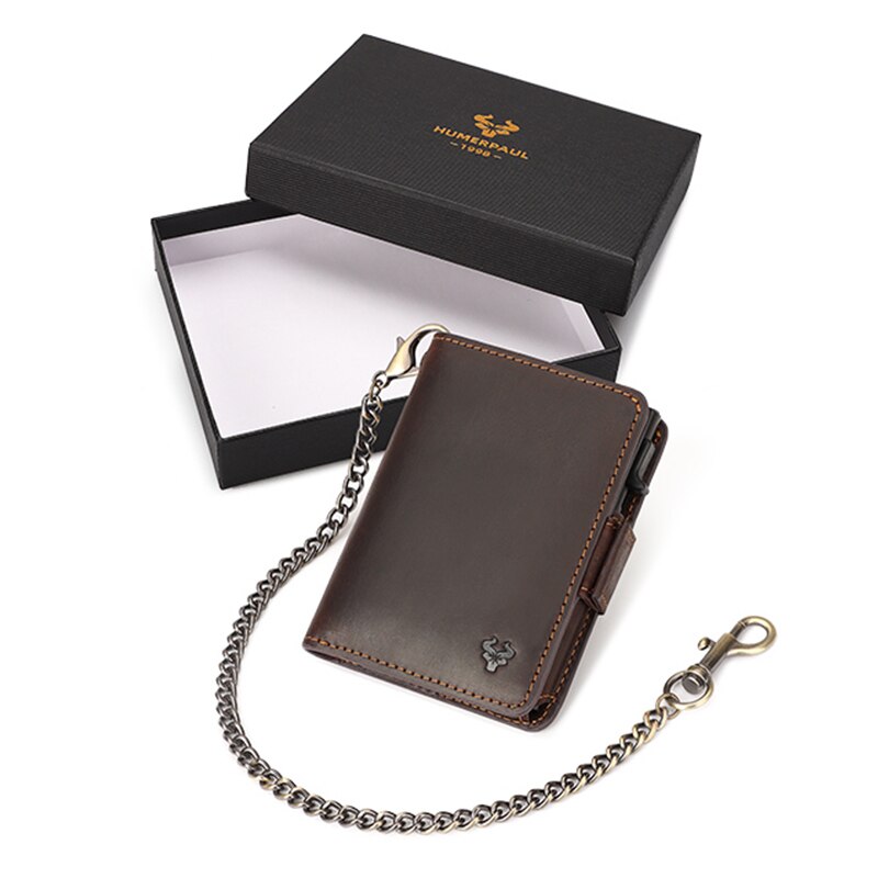 KAVIS Women Wallets Crazy Horse Leather Pop-Up Card Holder RFID Protect Credit Cardholder Ziper Coin Purse with Anti-theft Chain