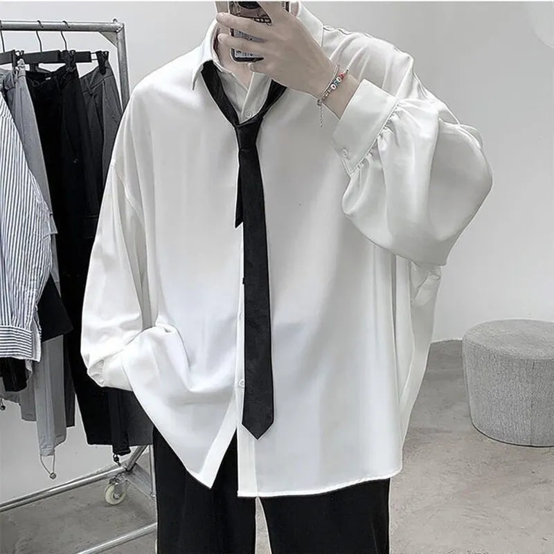 Black Long-sleeved Shirts Men Korean Comfortable Blouses Casual Loose Single Breasted Shirt With Tie