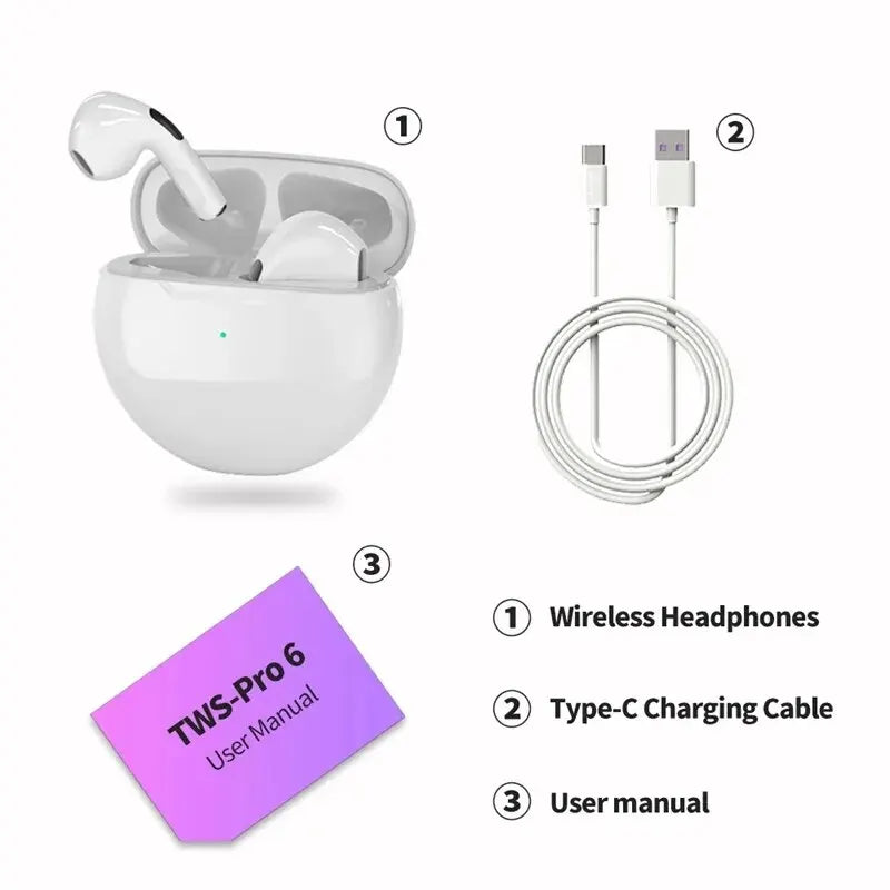 Original Air Pro 6 TWS Wireless Bluetooth Headset 5.3 Headphone Mini Earphone with Mic Charging Box for Xiaomi iPhone Earbuds