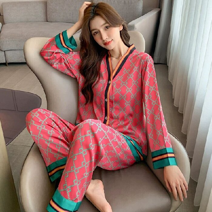 Pajamas Set for Women Luxurious Sweet Satin Pyjamas Woman Elegant Long Sleeve Ladies Sleepwear Sets Long Pant Home Wear