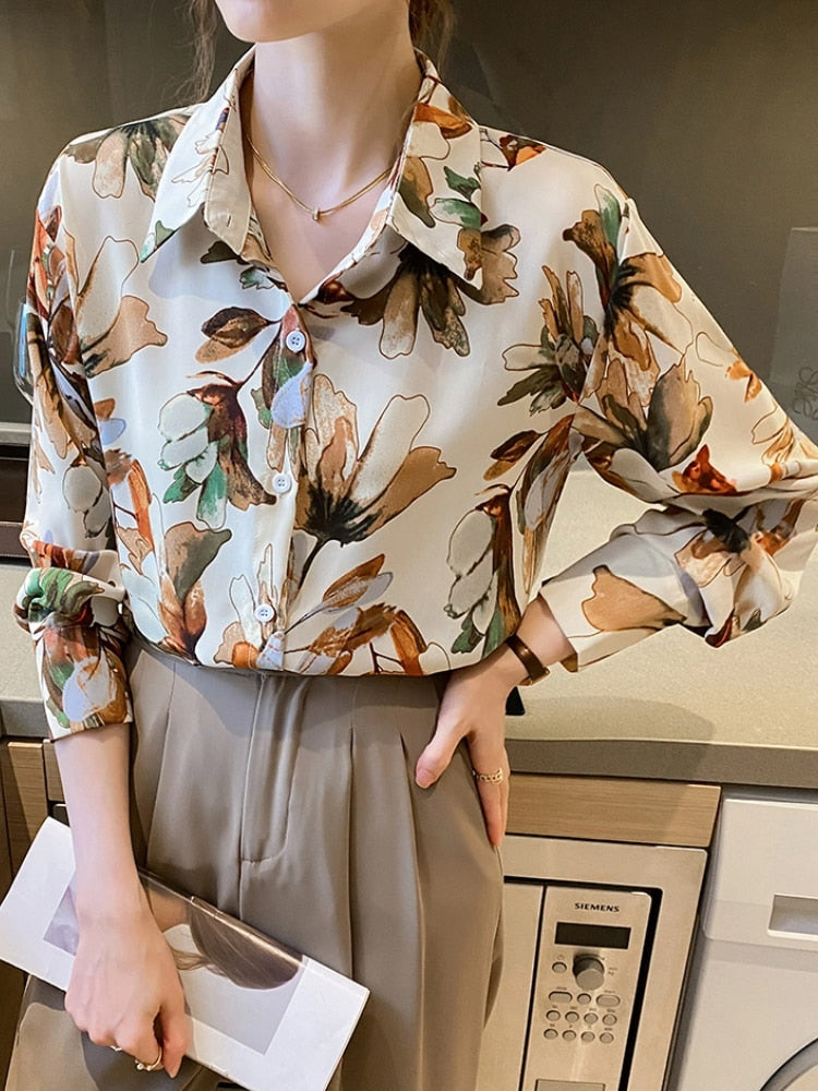 New Autumn Women Elegant Print Casual Blouses Long Sleeve Lapel Fashion Vintage Streetwear Shirts Tops Chic Female Clothes