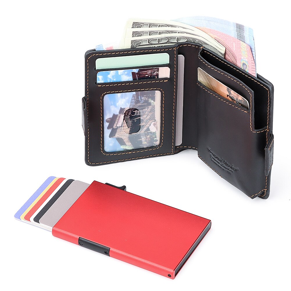 KAVIS Women Wallets Crazy Horse Leather Pop-Up Card Holder RFID Protect Credit Cardholder Ziper Coin Purse with Anti-theft Chain