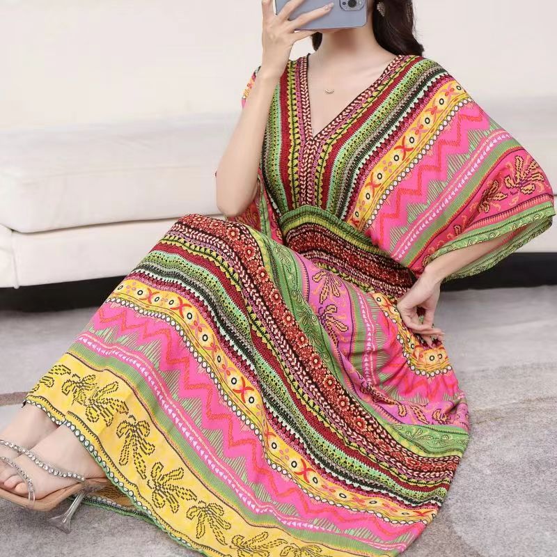 Casual Elegant Retro Style V-neck Tunic Large Swing Printed Dress Long Skirt