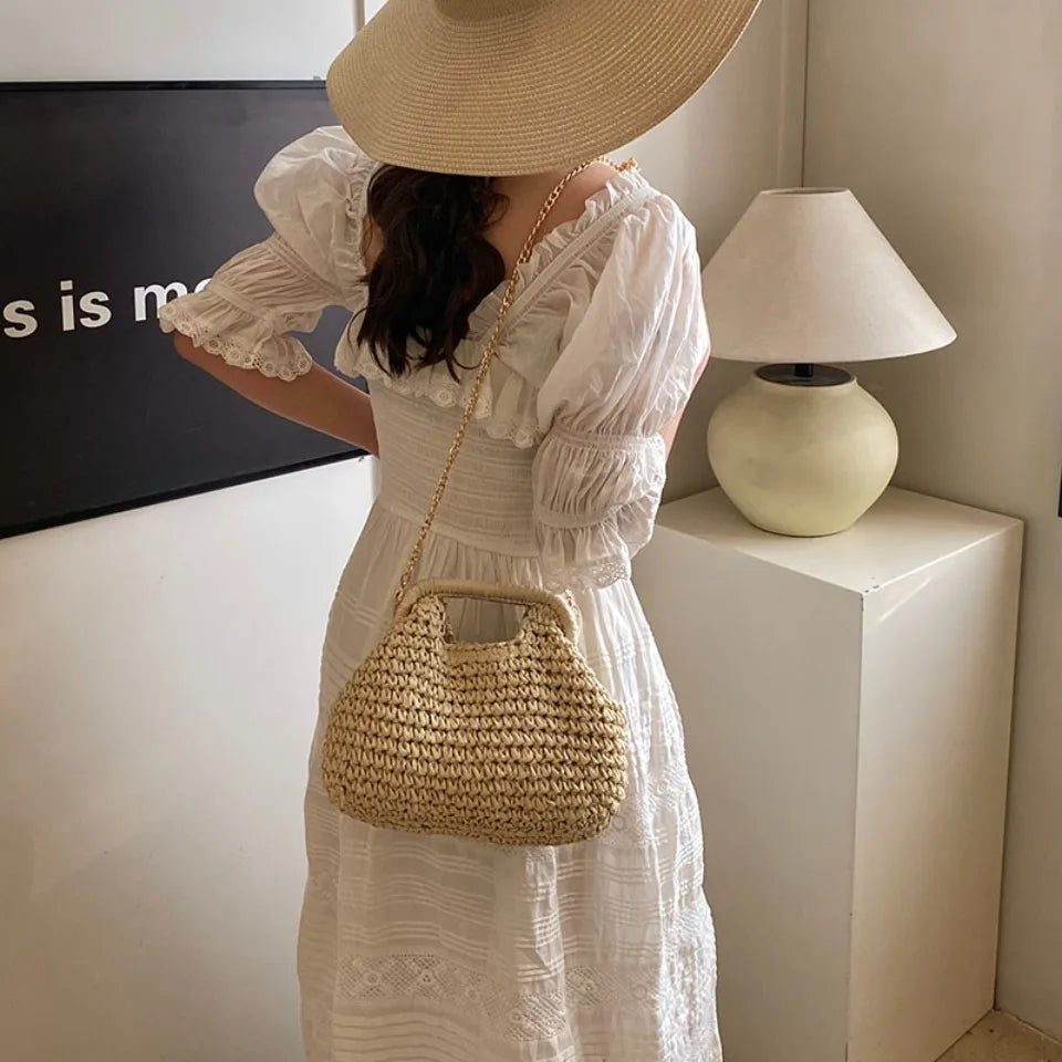 Retro Woven Clutch Bags for Women 2025 Straw Shell Chain Handbag Messenger Bag Ladies Holiday Beach Eco-friendly Crossbody Bag