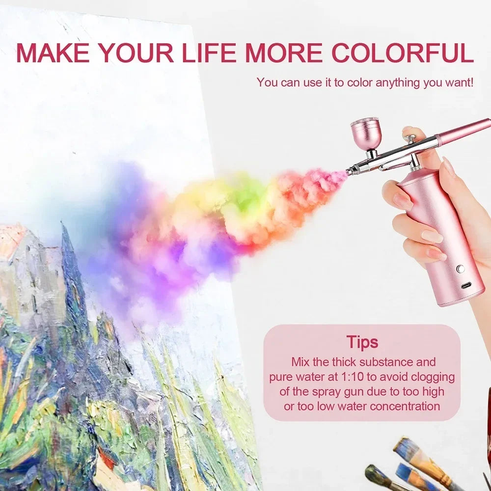 Top 0.3mm Pink Mini Air Compressor Kit Air-Brush Paint Spray Gun Airbrush For Nail Art Tattoo Craft Cake Nano Fog Mist Sprayer