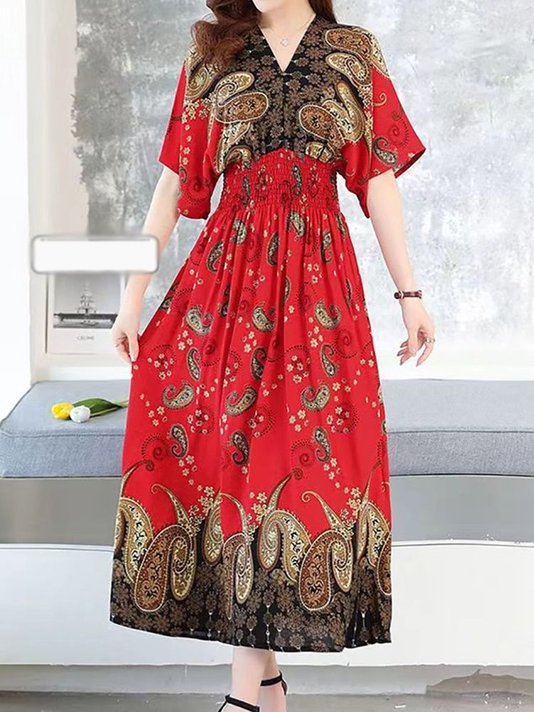 Casual Elegant Retro Style V-neck Tunic Large Swing Printed Dress Long Skirt