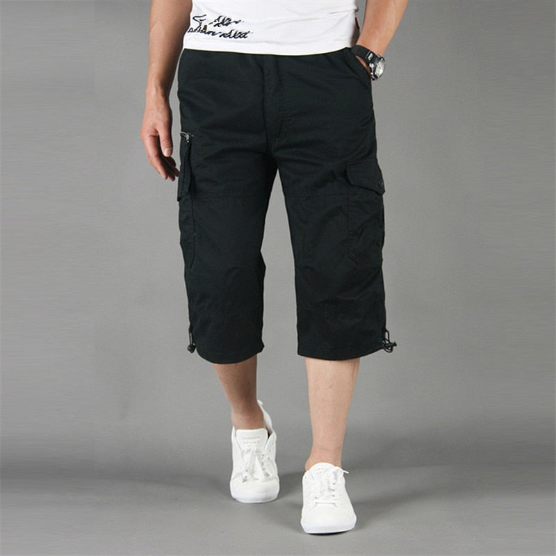 New Calf-Length Pants Men Summer Multi Pocket Loose Casual Cargo Pants Cotton Short Pant Mens Joggers Troursers Plus Size M-5XL