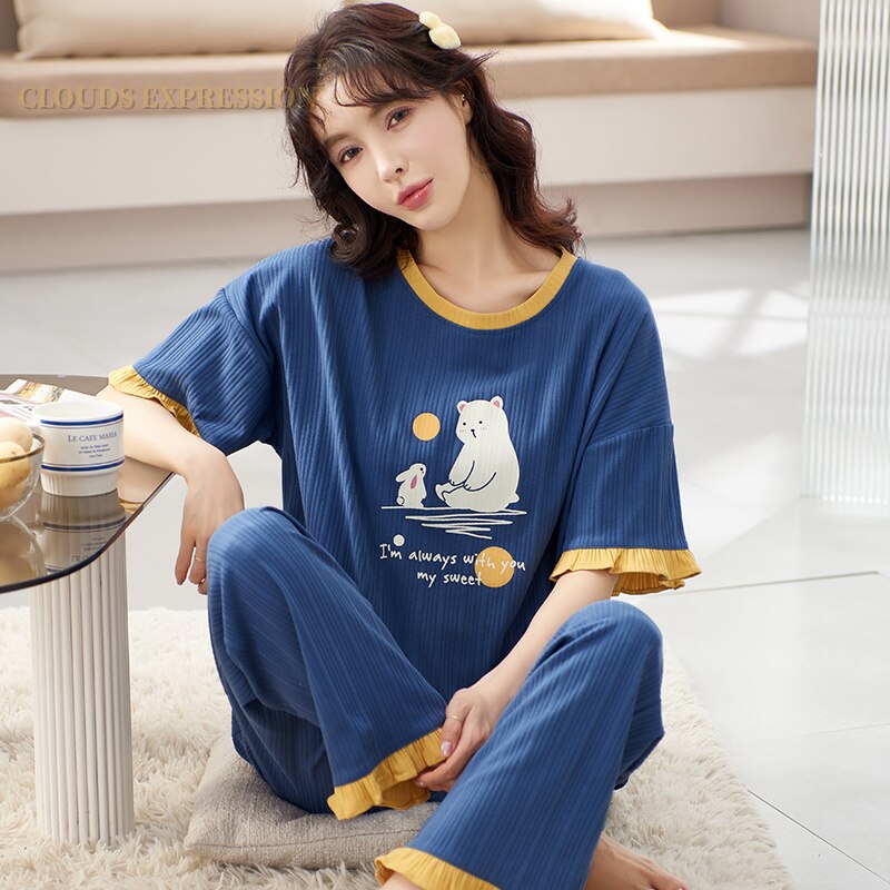 Summer Knitted Cotton Elegant Pajamas Set Women Pyjamas Polka Dots Sleepwear Nightwear Pijama Mujer Plus Size Calf-Length Pants