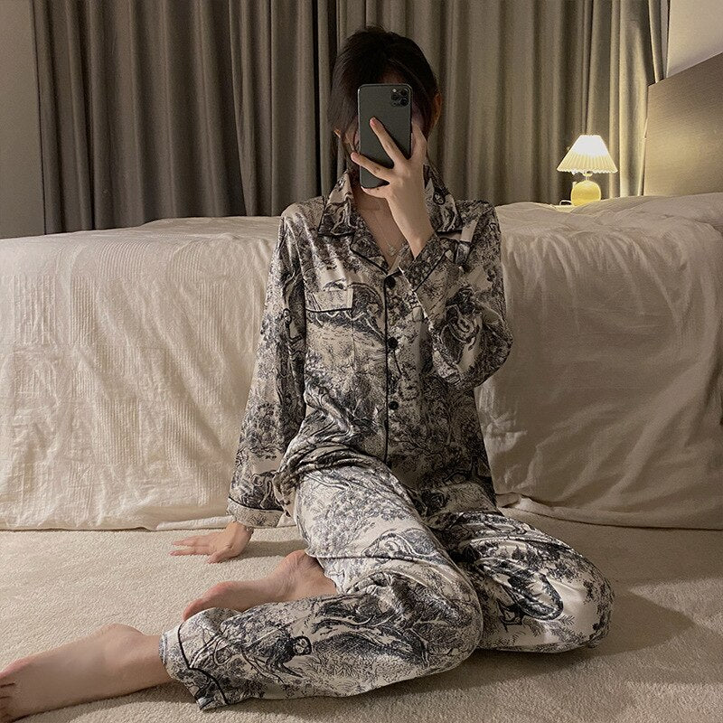 Women's 2 Piece Pajamas Set Floral Pijama Faux Silk Satin Pyjama Female Sleepwear Long Sleeve Lapel Shirt Pants Suits Homewear