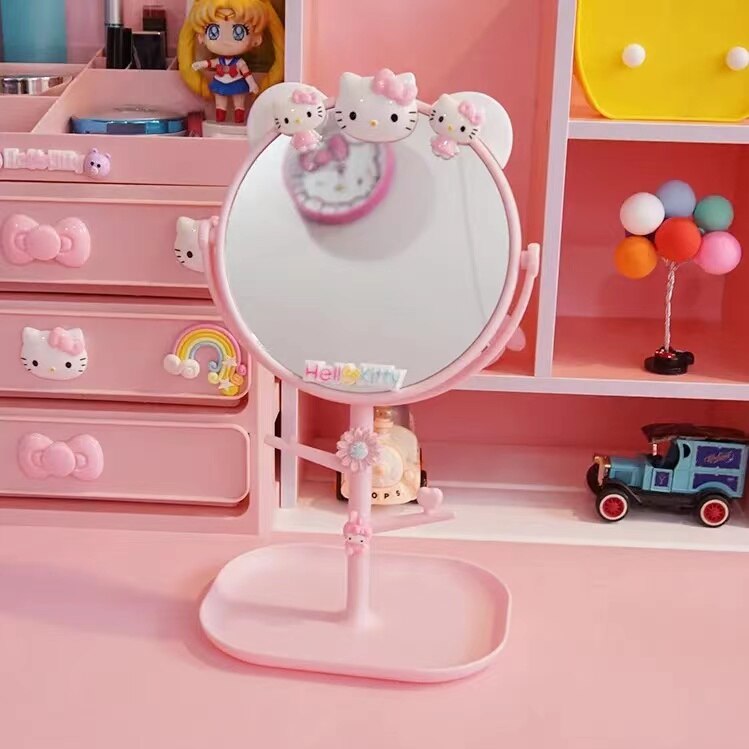 Kawaii Hello Kitty Portable Cartoon Folding Mirror Desk Mirror Round Desk Girl Cute Dressing Mirror Makeup Mirror Handle Mirror