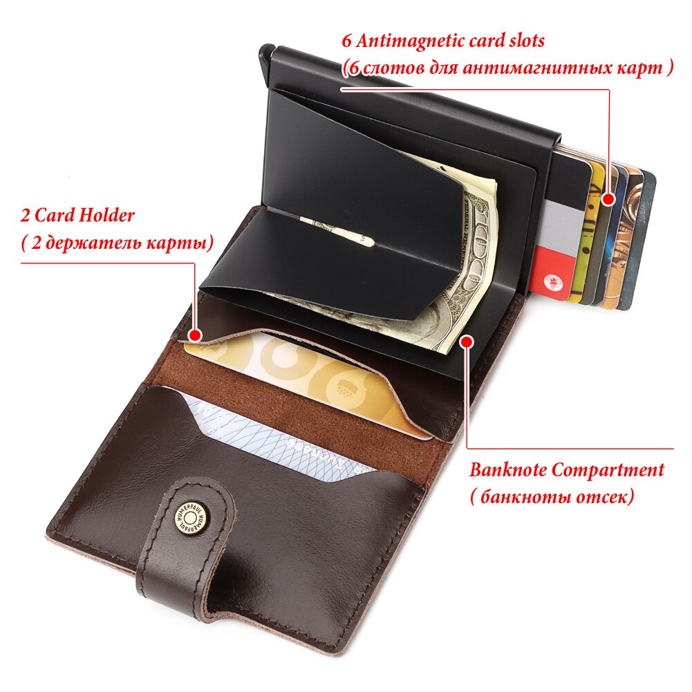 HUMERPAUL Genuine Leather Card Holder with Money Clip RFID Blocking Pop Up Smart Wallets Aluminum Men Travel Porte Carte
