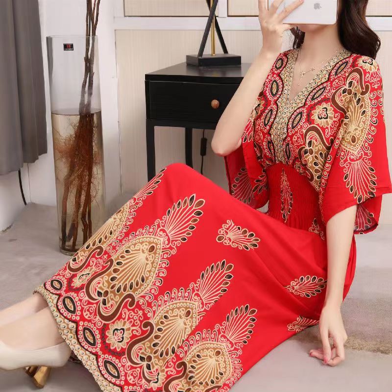 Casual Elegant Retro Style V-neck Tunic Large Swing Printed Dress Long Skirt