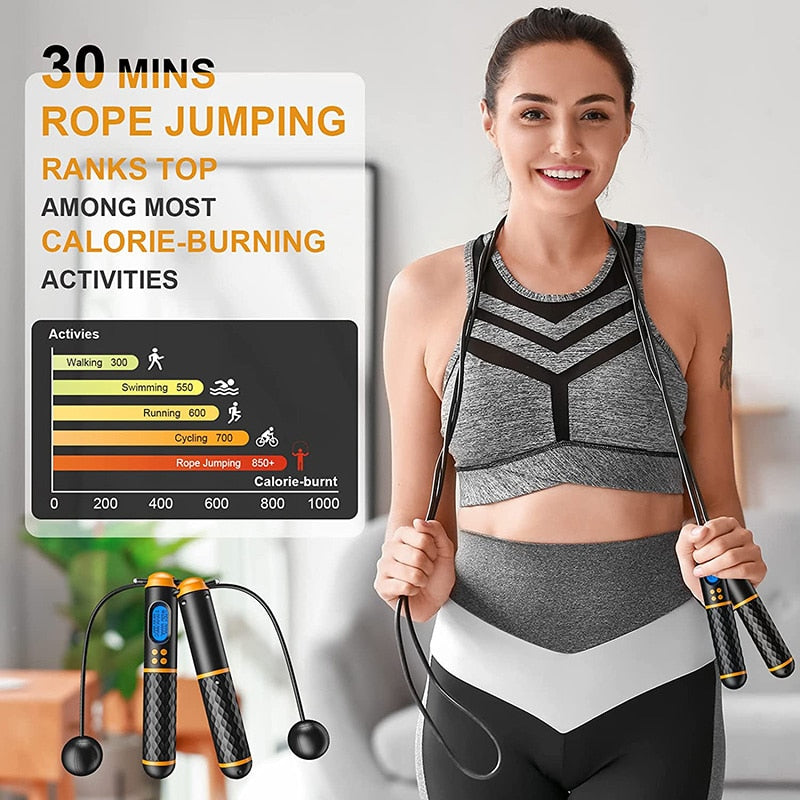 Smart Jump Rope Fitness Skipping Rope Cordless Weight Lap Time Calorie Record Adjustable Digital Counting Home Gym Men Women Kid