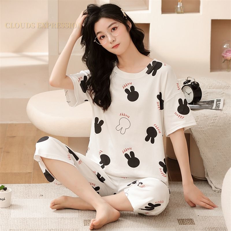 Summer Knitted Cartoon Rabbit Print Two Piece Kawaii Girl Short Sets Women Pajamas Sets Pyjamas Ladies Sleepwear Pijamas Fashion