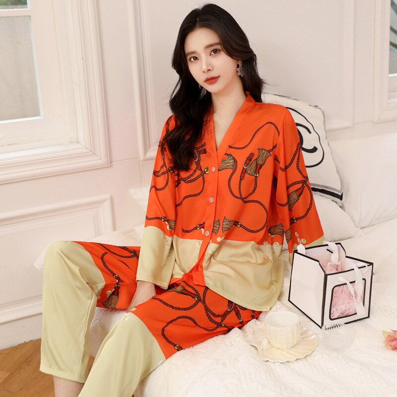 QSROCIO New Women's Pajamas Set Luxury Print Sleepwear V Neck Kimono Casual Homewear Satin Silk Like Nightwear Femme Petite