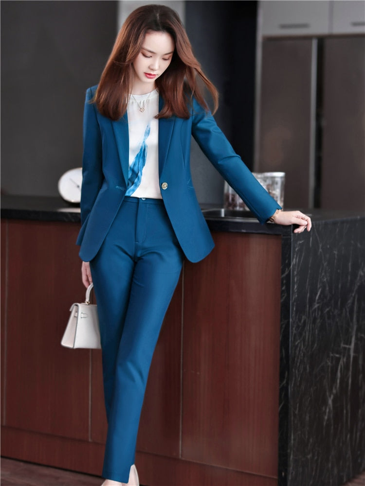 2022 Spring Two-piece Set Pants Suit Blue Elegant Blazer Pants Jacket Clothing Business Coat 2 Piece Sets Female Trouser Suits