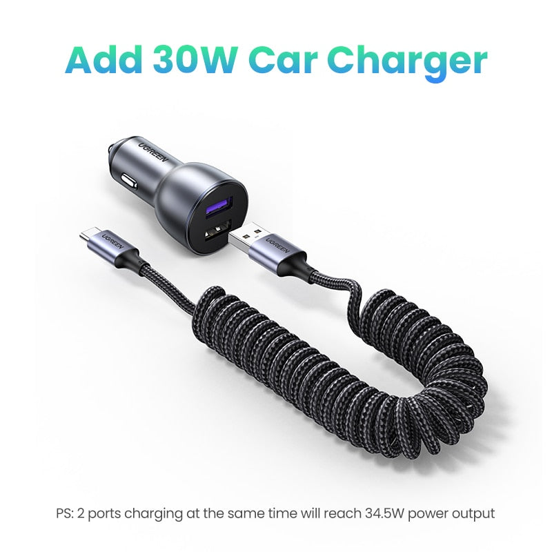 UGREEN 6A 100W USB USB Type C Cable For Huawei Honor Xiaomi 100W/66W Spring Pull Telescopic Fast Charging Car Charger USB Cable