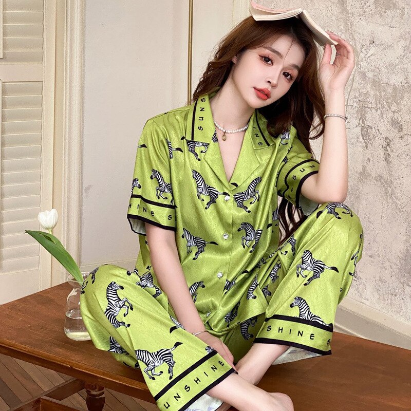 Summer 2023 New Cartoon Rabbit Stylish Bag Printed Ice Silk Pajamas Women's Short Sleeve Trousers Suit Homewear