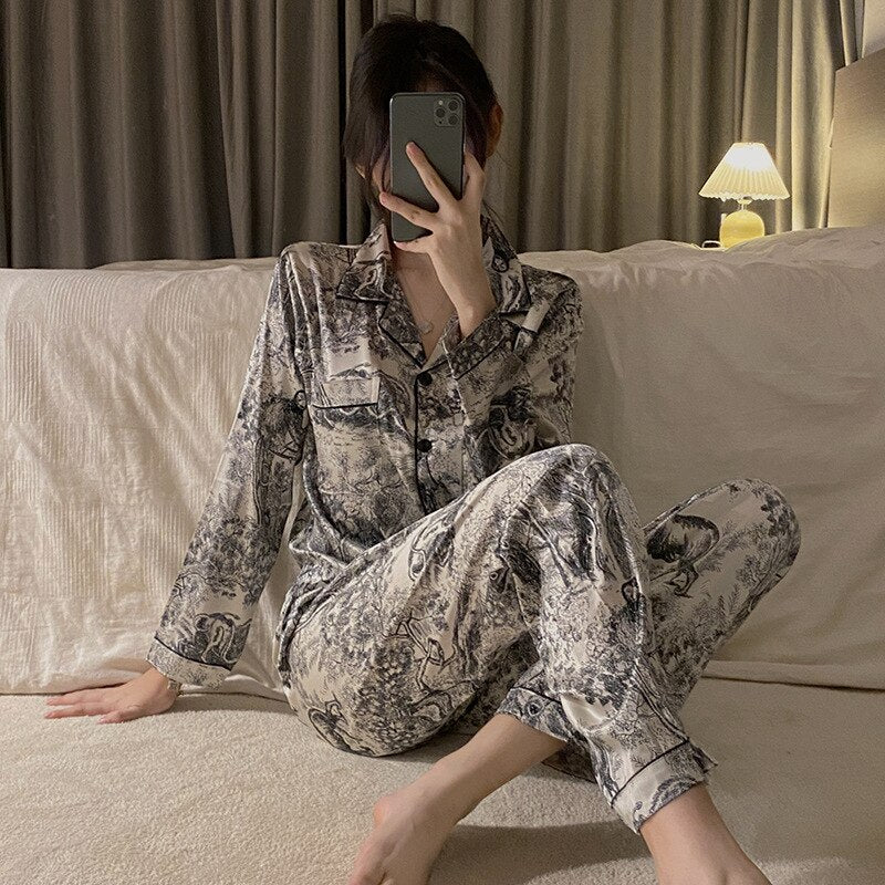 Women's 2 Piece Pajamas Set Floral Pijama Faux Silk Satin Pyjama Female Sleepwear Long Sleeve Lapel Shirt Pants Suits Homewear