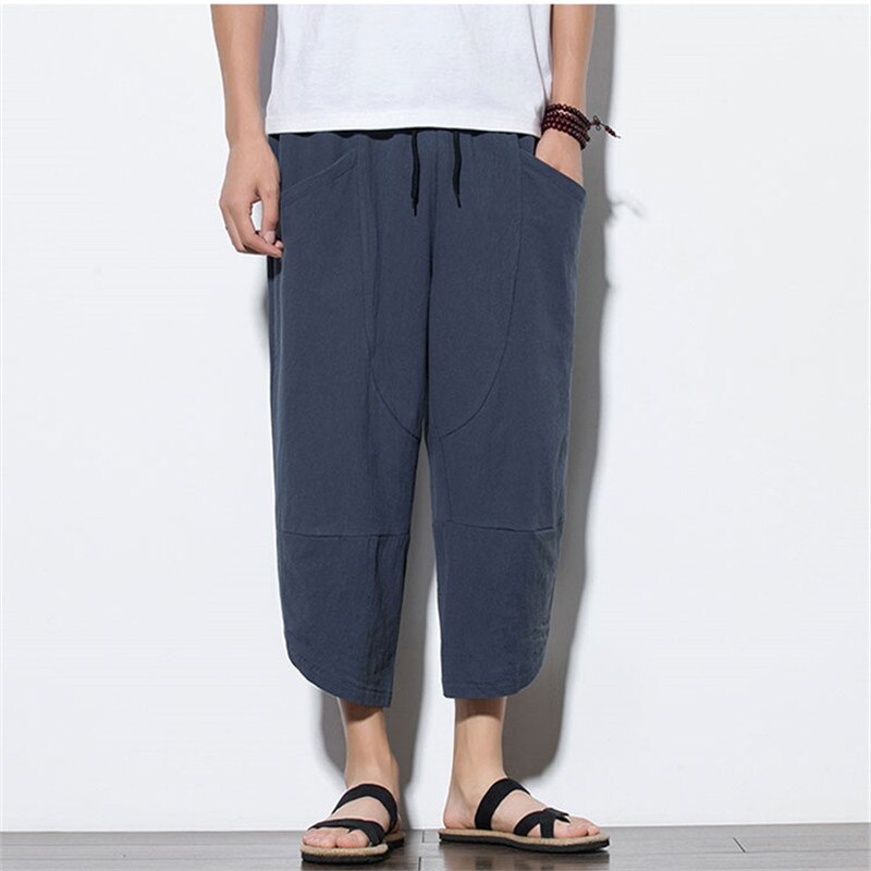 New Men Cotton Linen Harem Pants Mens Retro Chinese Style Pants Streetwear Loose Casual Elastic Waist Calf Lenght Trousers Men