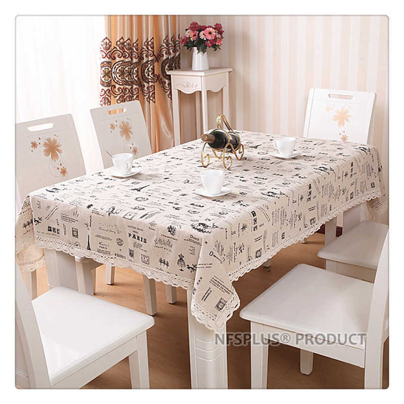 European Style Table Cloth with Lace Trim Cotton Linen Blending Fabric Table Cover Tablecloth for Wedding Christmas Picnic