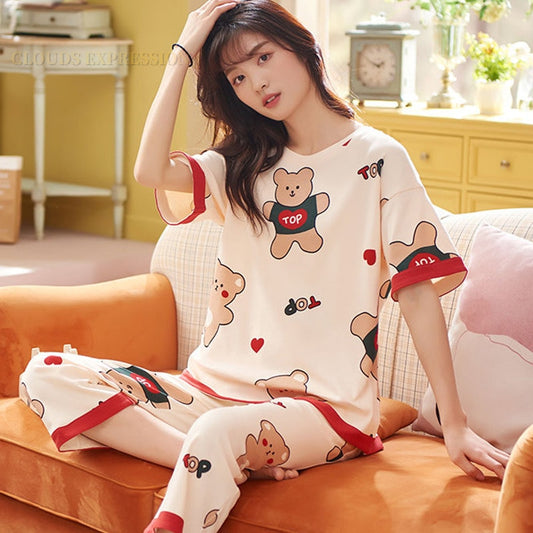 Summer Knitted Cartoon Rabbit Print Two Piece Kawaii Girl Short Sets Women Pajamas Sets Pyjamas Ladies Sleepwear Pijamas Fashion