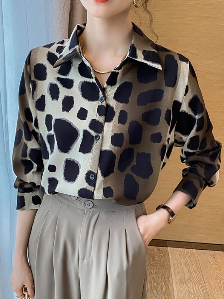 Women Fashion Elegant Chiffon Shirts Long Sleeve Leopard Print Casual Chic Party Blouses Female Outerwear Black Green Tops New