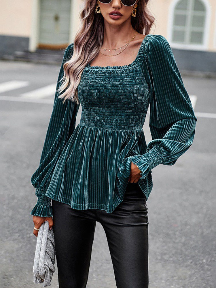 Elegant Velvet Women&#39;s Blouse Black Square Collar Long Sleeve Top Fashion Youth Ruffle Shirts Autumn Clothes For Women 2023 New