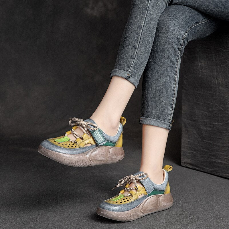 GKTINOO  Hook & Loop  Shoes Women Sneakers Genuine Leather Mixed Colors 2023 New Handmade Comfortable Retro Platform Sneakers