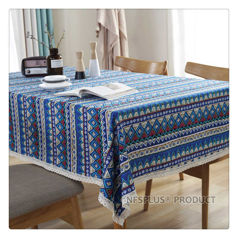 Bohimian Linen Table Cloth with Cotton Lace Trim 2 Colors Designs Table Cover Home Decorative Tablecloth for Dinning Wedding