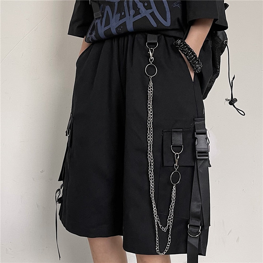 2022 Men&#39;s Cargo Shorts Summer Mens Black Ribbons Shorts Hip Hop Chain Streetwear Casual Male Sportswear Shorts Homme Clothing