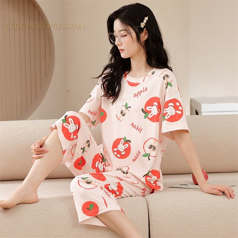 Summer Knitted Cartoon Rabbit Print Two Piece Kawaii Girl Short Sets Women Pajamas Sets Pyjamas Ladies Sleepwear Pijamas Fashion