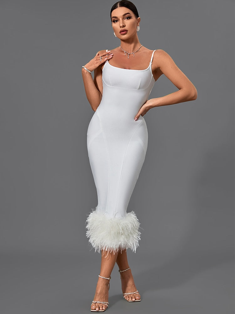 Feather Bandage Dress Women White Bodycon Dress Evening Party Elegant Sexy Midi Birthday Club Outfits 2022 Summer New Fashion