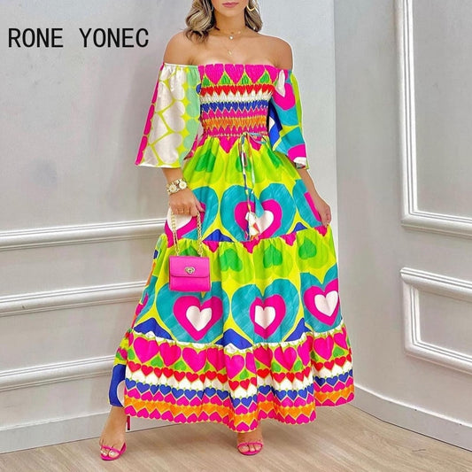 Women Dress 2023 Valentine&#39;s Day Heart Print Off Shoulder Maxi Dress Vacation Dresses