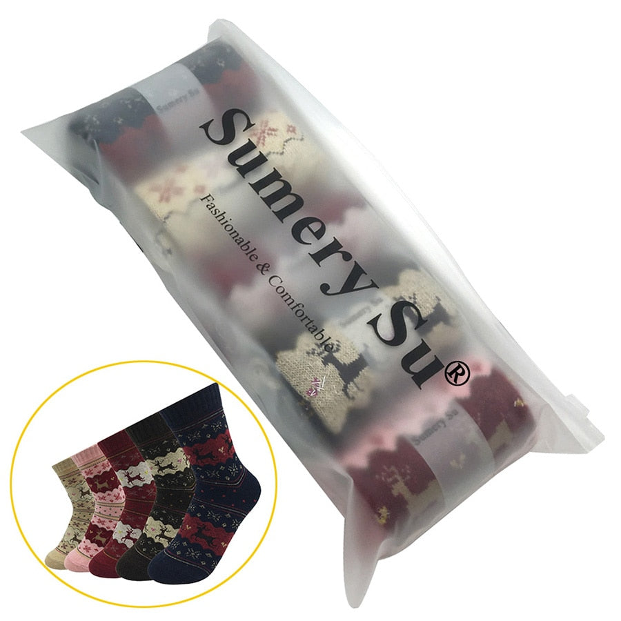 5 Pairs/Lot Wool Socks Women Warm Winter Snow Flower Deer Maple Leaf  Pattern Cashmere Socks Ladies Girls Christmas Gift 5 Style