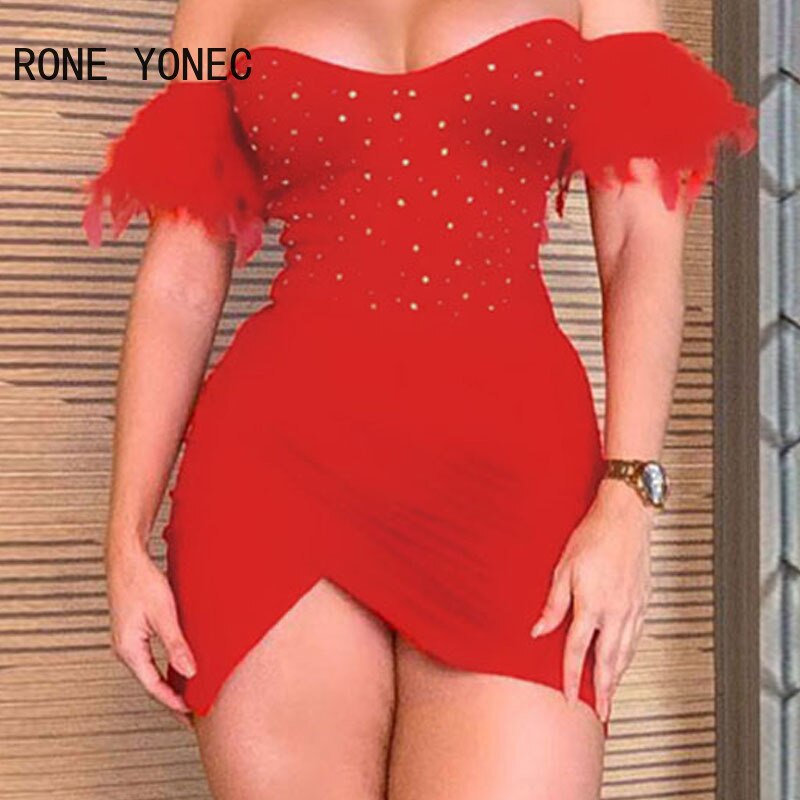 Women Sexy Off Shoulder Short Feather Sleeves Rhinestone Mini Bodycon Wrap Party Red Dresses