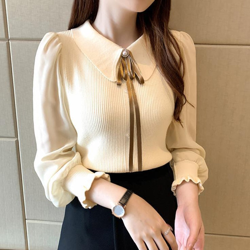 HELIAR Women Chiffon Patchwork Sweater Lantern Sleeve Turn-down Collar Button Pullover Office Lady Sweater For Women 2023 Autumn