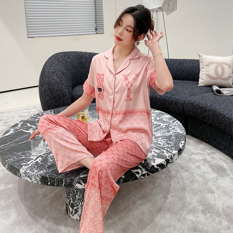 New pajamas female cartoon bear sweet and cute girl short-sleeved trousers suit  пижама хлопок  two piece set summer