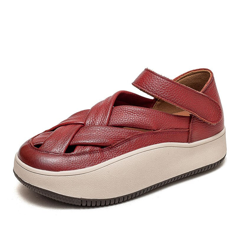 DRKANOL 2023 Fashion Women Sneakers Summer Cross Genuine Leather Hollow Out Breathable Shallow Flat Platform Casual Sneakers