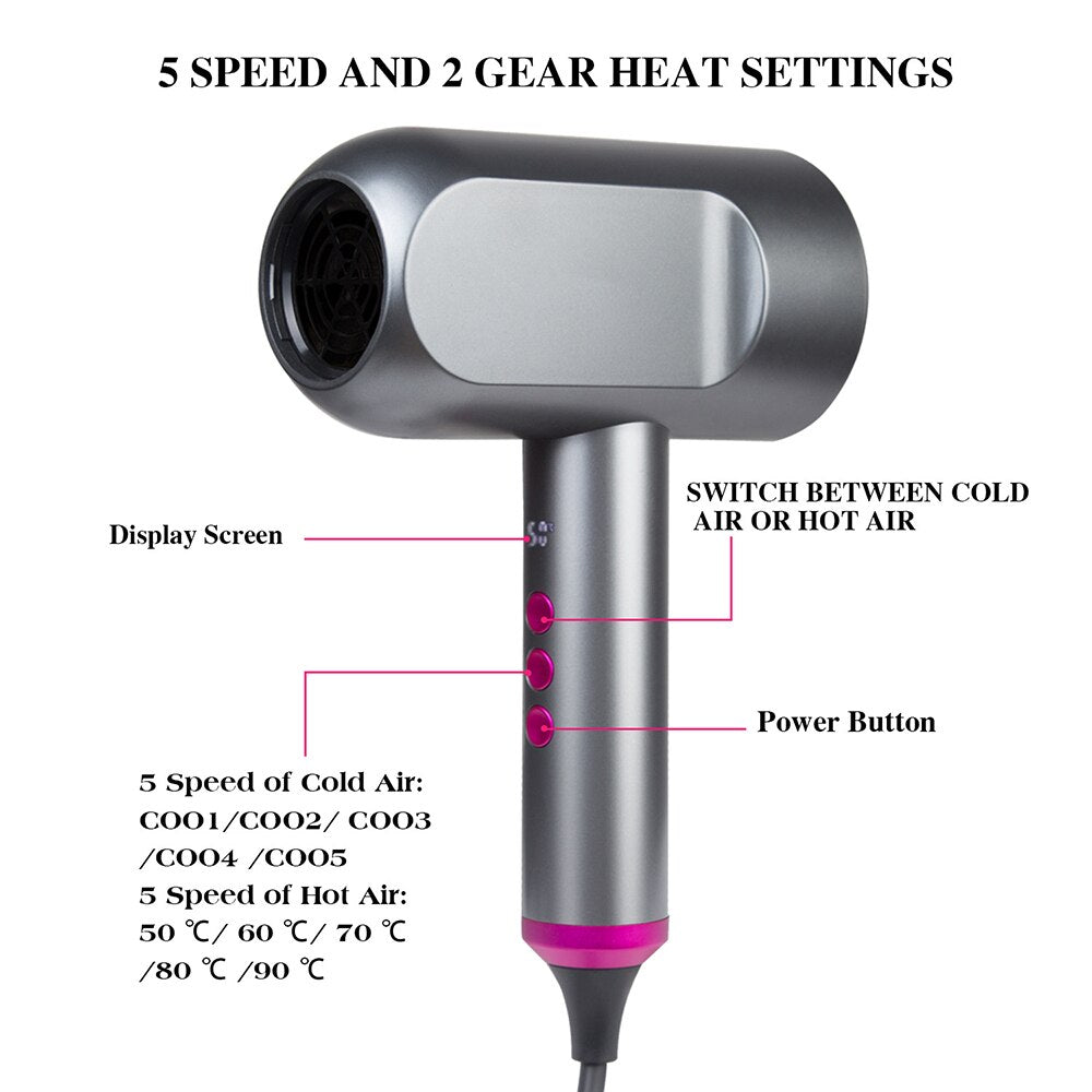 Anion Hair Dryer Hot and Cold Strong Wind Blower Powerful Smart Control Blow  5Speed 2 Gear Heat Setting  Care  Nozzle