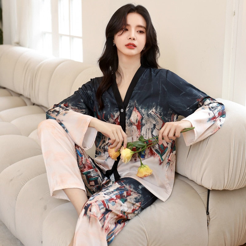 QSROCIO New Women's Pajamas Set Luxury Print Sleepwear V Neck Kimono Casual Homewear Satin Silk Like Nightwear Femme Petite